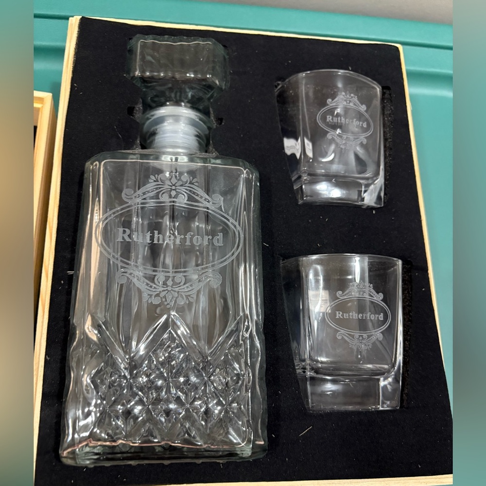 Personalized - RUTHERFORD - Clear Glass Decanter Set with Wooden Box